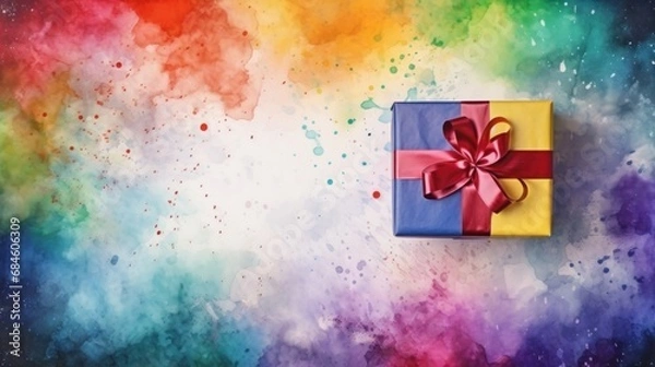 Fototapeta Top view of Happy New Year gift box on colorful watercolor background