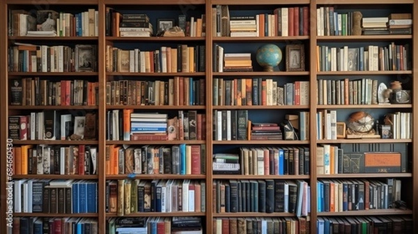 Fototapeta A well-stocked bookshelf with a variety of books for different interests.