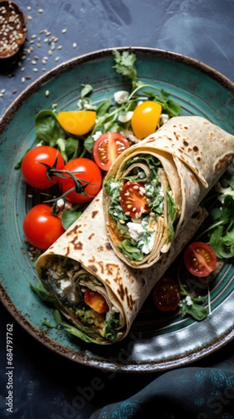 Fototapeta Wholesome veggie wrap filled with fresh greens and tomatoes, a delectable and healthful meal choice. An inviting option for clean and nutritious eating.