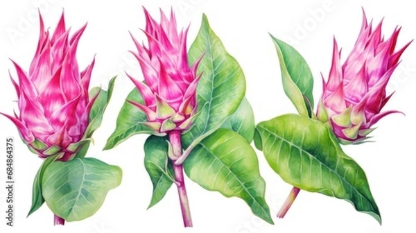 Fototapeta Set of Three Bold Watercolor Dragon Fruit Plants AI Generated