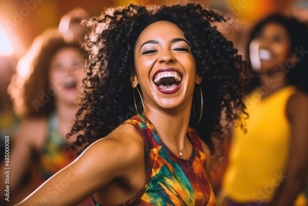 Fototapeta portrait of smiling woman dancing zumba training and working out. Group training, fitness, dancing