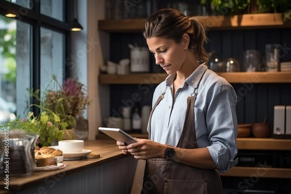 Fototapeta Coffee shop manager using a tablet at work