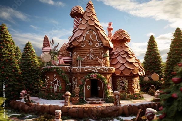 Fototapeta A beautiful and very detailed gingerbread house in a winter landscape