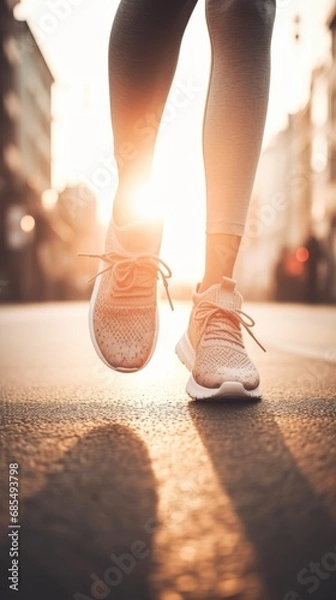 Fototapeta Close-up of women legs and feet in sneakers, engaged in sport, running, walking or hiking. The urban city street sunrise or sunset landscape background, active and healthy lifestyle concept.