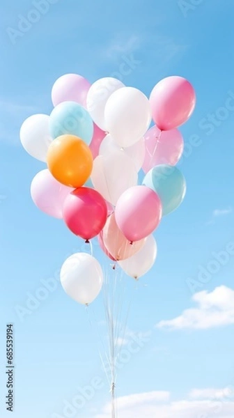 Fototapeta Pastel colors balloons bunch in blue sunny sky background with copy space