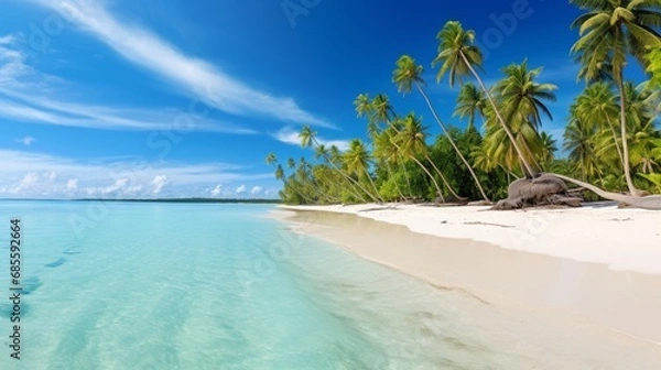 Fototapeta A pristine white sandy beach with clear turquoise waters and a line of palm trees.