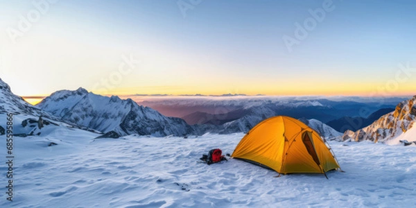 Fototapeta Panorama of Steep peak mountains with covered snow and yellow tent camping at twilight time