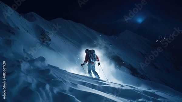 Fototapeta A man skiing down a snow-covered mountain photo realistic illustration - Generative AI.