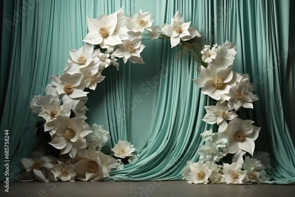 Fototapeta Maternity backdrop, wedding backdrop, photography background, maternity props, Light hoop weaved mint green flowers, elegant wall background, flowing white satin drape, backdrop, giant flowers