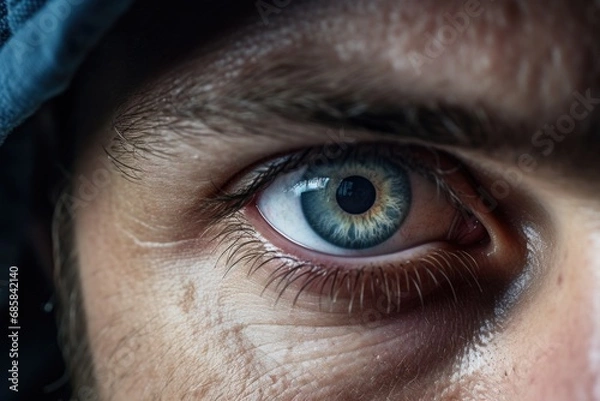 Fototapeta A close-up view of a person's eye with a hood on. This image captures the mysterious and intense gaze of the individual. Perfect for projects related to anonymity, secrecy, or suspenseful themes.