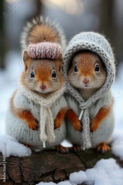 Fototapeta On a Cold Snowy Morning Squirrels are Standing in the Snow in their Scarves a Little Clueless Wallpaper Background Digital Art 