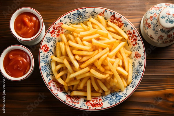 Fototapeta Homemade fries with ketchup.