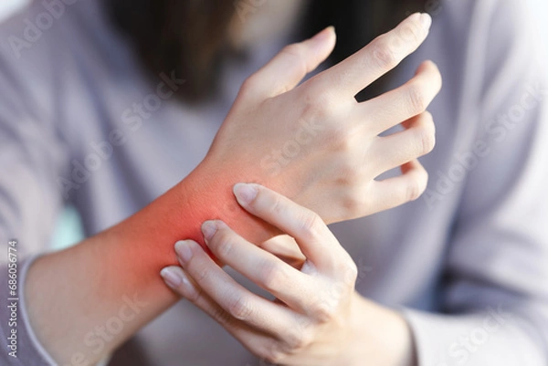 Fototapeta Women's wrist pain from using the hands to work repetitively for a long time or from general diseases of the body such as diabetes, thyroid gland, tumors around the wrist.