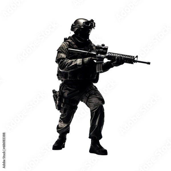 Fototapeta Black silhouette of soldier with gun isolated on transparent background. AI generated.