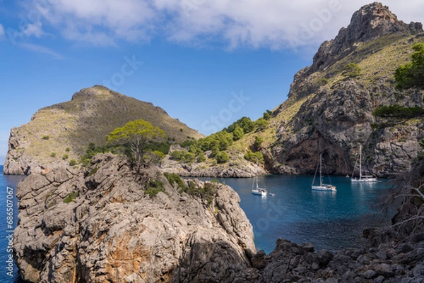 Fototapeta Beautiful views of the coastline at Port de Soller, with three yachts in a quiet harbour. on the island of Mallorca, Spain, Mediterranean Sea