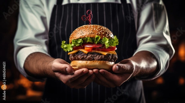 Fototapeta chef with large cheese hamburger in a restaurant