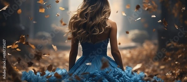 Fototapeta fantasy woman walking in autumn forest. an elegant blue dress fluttered in the wind. faceless