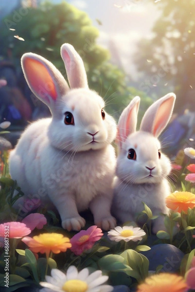 Fototapeta rabbits on the background of a spring meadow graphics