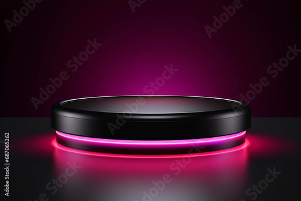 Obraz Ensure your product stands out with a black podium pedestal in the midst of an eye-catching neon light display. 3D rendering.