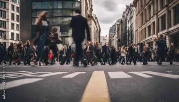 Fototapeta Walking people blur. Lots of people walking in the City of London. Wide panoramic view of people crowded