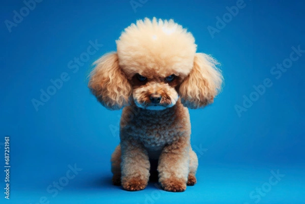 Obraz Angry disgruntled poodle dog on a blue background. ai generative