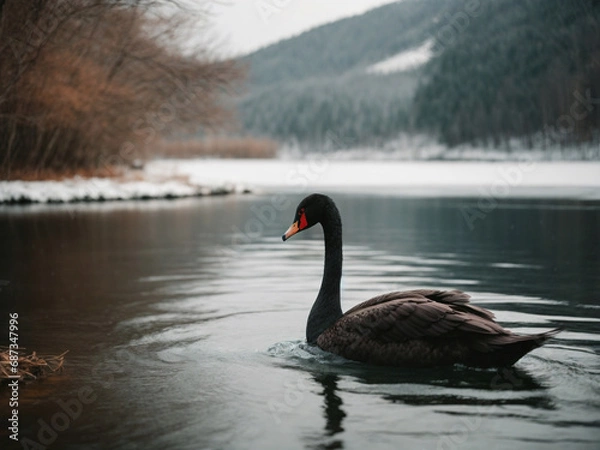 Fototapeta Black swan swimming in a winter lake