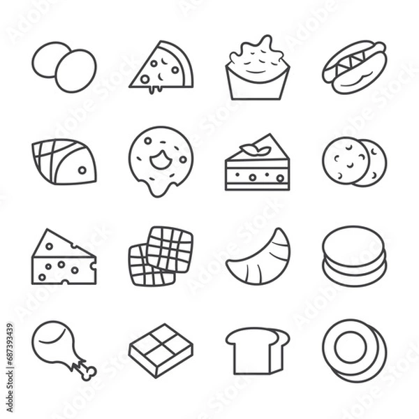 Fototapeta Food icons set. Meal-Related Collection vector set. outline style meal, restaurant, dishes, and fruit icons.
