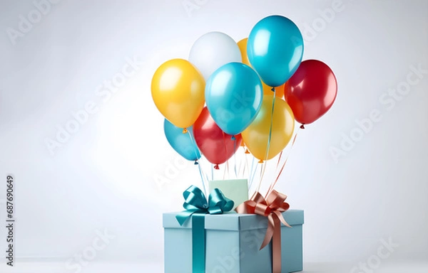 Fototapeta colorful bunch balloons with gift box flying on beige light boke