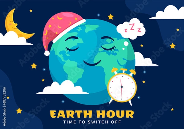 Fototapeta Happy Earth Hour Day Vector Illustration with Cloud, Light bulb, World Map and Time to Turn Off in Flat Cartoon Background Design