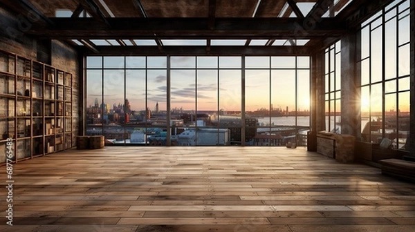 Fototapeta Interior of modern loft with wooden floor and panoramic windows