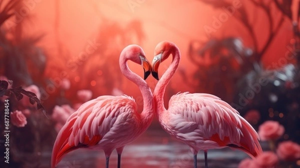 Obraz Couple of cute flamingo on fantasy aesthetic valentines scenery background