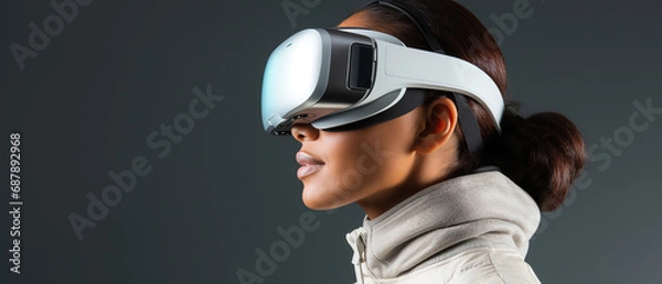 Fototapeta A woman wearing VR headset user, empty plain background, with empty copy space