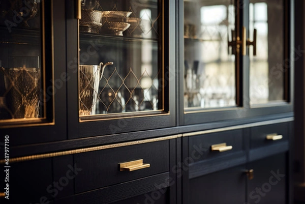 Fototapeta Detail of a black cabinet door in beautiful hall. Elegant luxury interior. Generative AI illustration