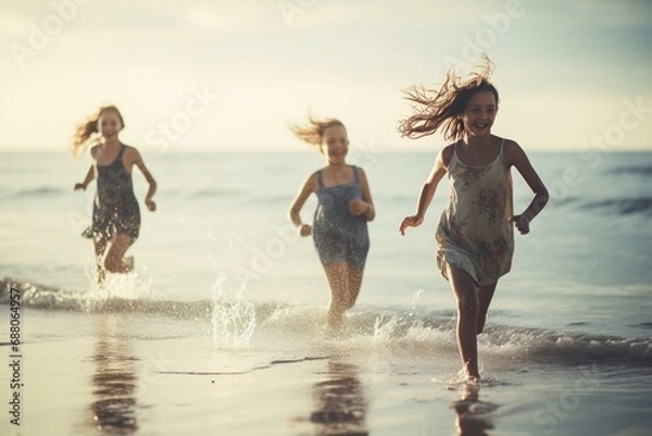 Fototapeta Youthful Exuberance by the Sea: Girls Running, Splashing, and Laughing in the Waves, Capturing the Playful Energy of a Fun and Carefree Summer Day