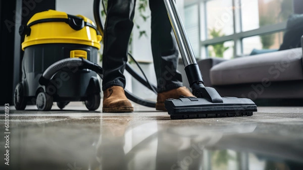 Fototapeta Person vacuuming the carpet at home with a modern vacuum cleaner