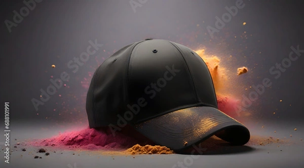 Fototapeta Black cap, explosion of colorful dust