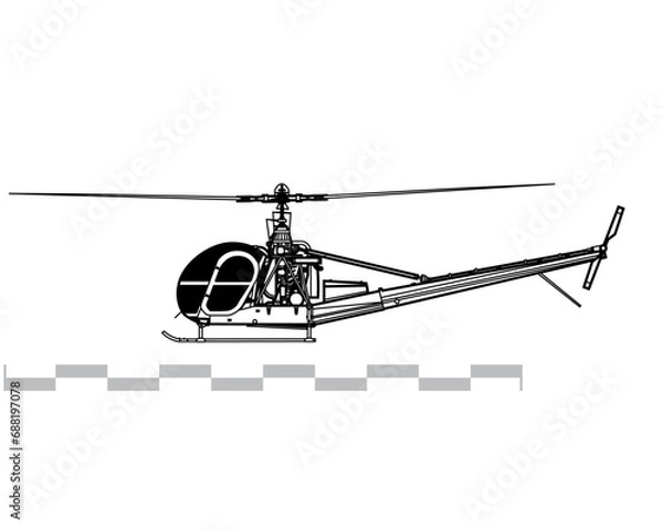 Fototapeta Hiller OH-23 Raven. Vector image of light observation helicopter. Side view. Image for illustration and infographics.