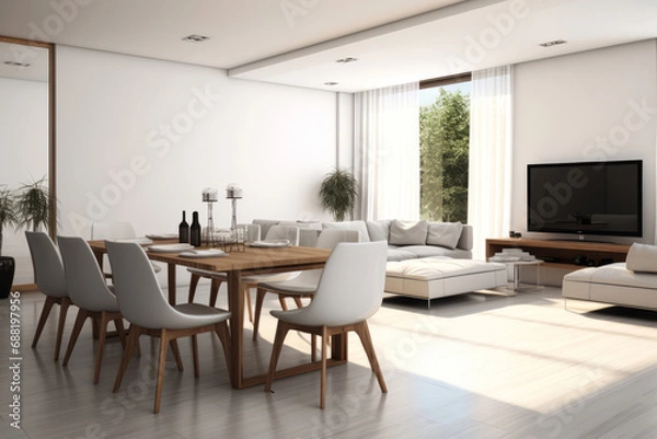 Obraz Modern living room with wall and built-in TV and table with chairs.generative ai