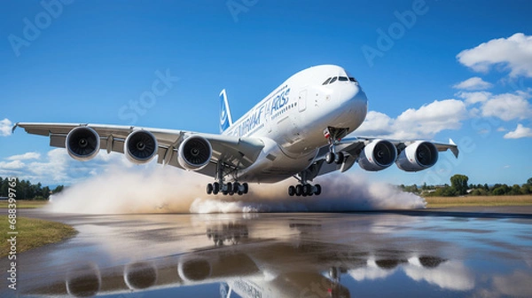 Obraz Airbus Take Off at Airport Runway Under Blue Sky on Blurry Background