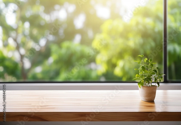 Fototapeta old Wooden  board empty table in front of blurred natural background, brown wood, display products wood table