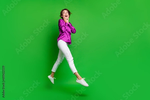 Fototapeta Full body profile portrait of astonished nice lady jump look empty space ad isolated on green color background