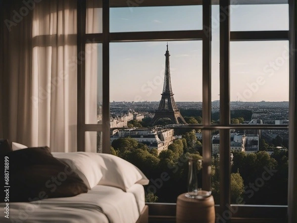 Fototapeta Eiffel tower seen from hotel room bed
