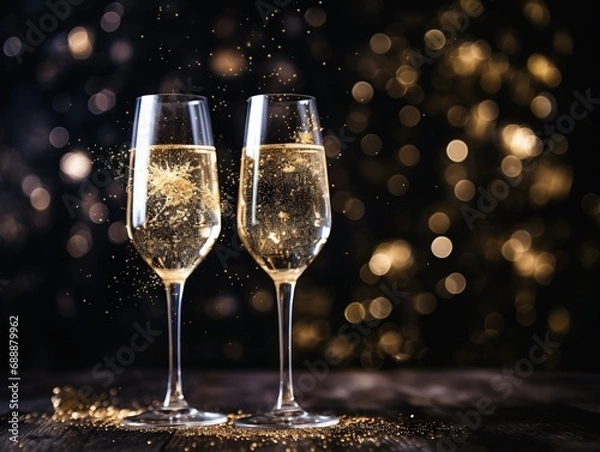 Fototapeta champagne glasses with stars on glitter bokeh background