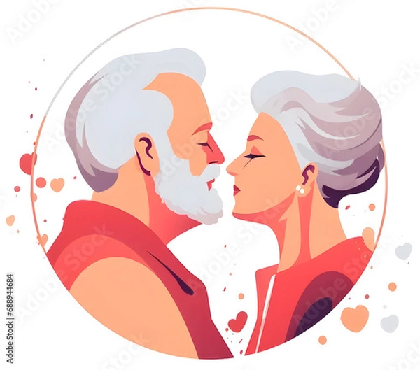 Fototapeta senior caucasian couple about to kiss surrounded with little heart shapes in circle frame. Face to face side view. circle logo illustration. valentine card concept.