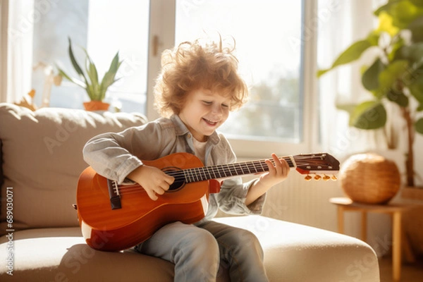 Fototapeta Cute little boy learning to play guitar in living room. Child having fun with music instrument. Art education for kids.