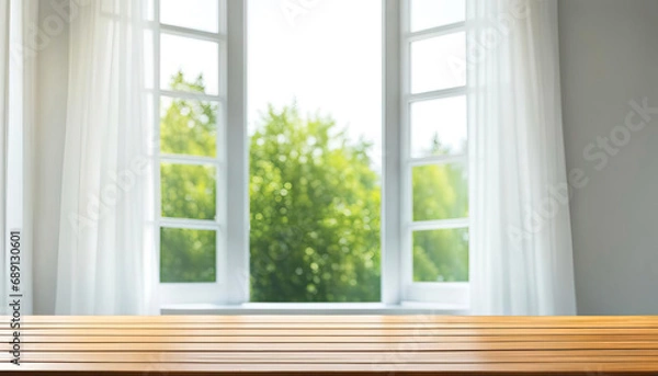 Fototapeta Beautiful spring or summer winndow with empty wood table with copy space