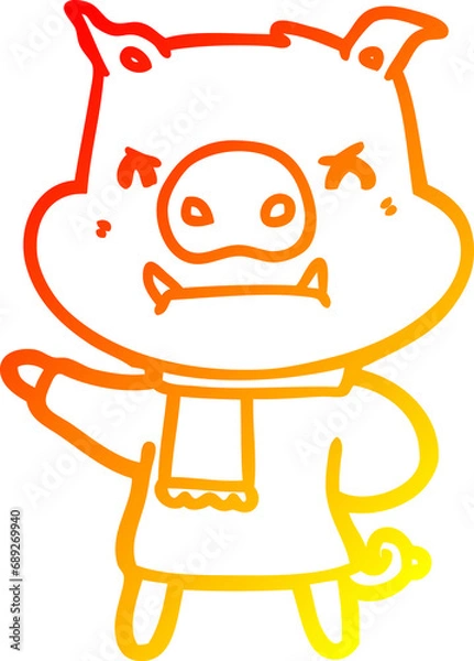 Fototapeta warm gradient line drawing of a angry cartoon pig in winter clothes