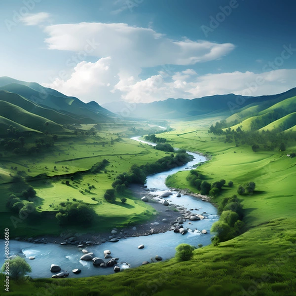 Fototapeta Tranquil river winding through a valley surrounded by lush greenery.