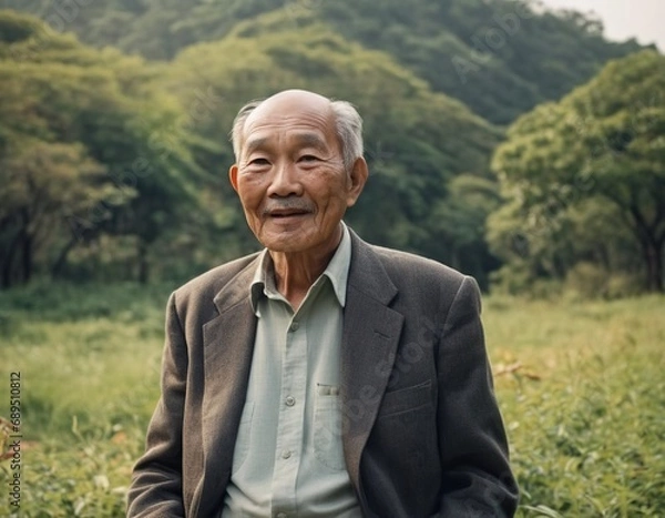 Fototapeta An old man of Asian appearance in a cap on the background of nature