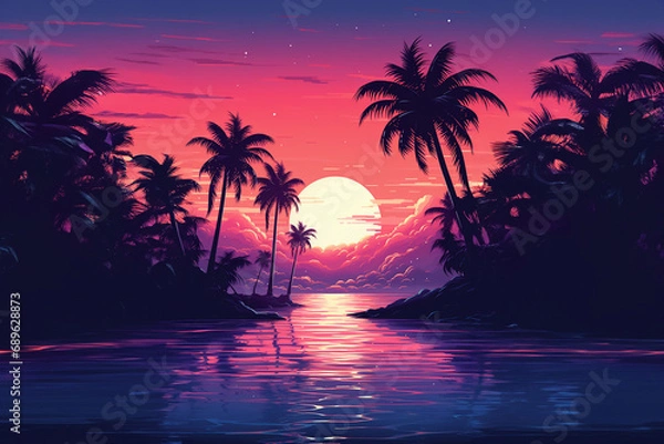 Fototapeta A pixel art illustration of a synthwave-inspired sunset, fusing retro aesthetics with electronic music vibes.